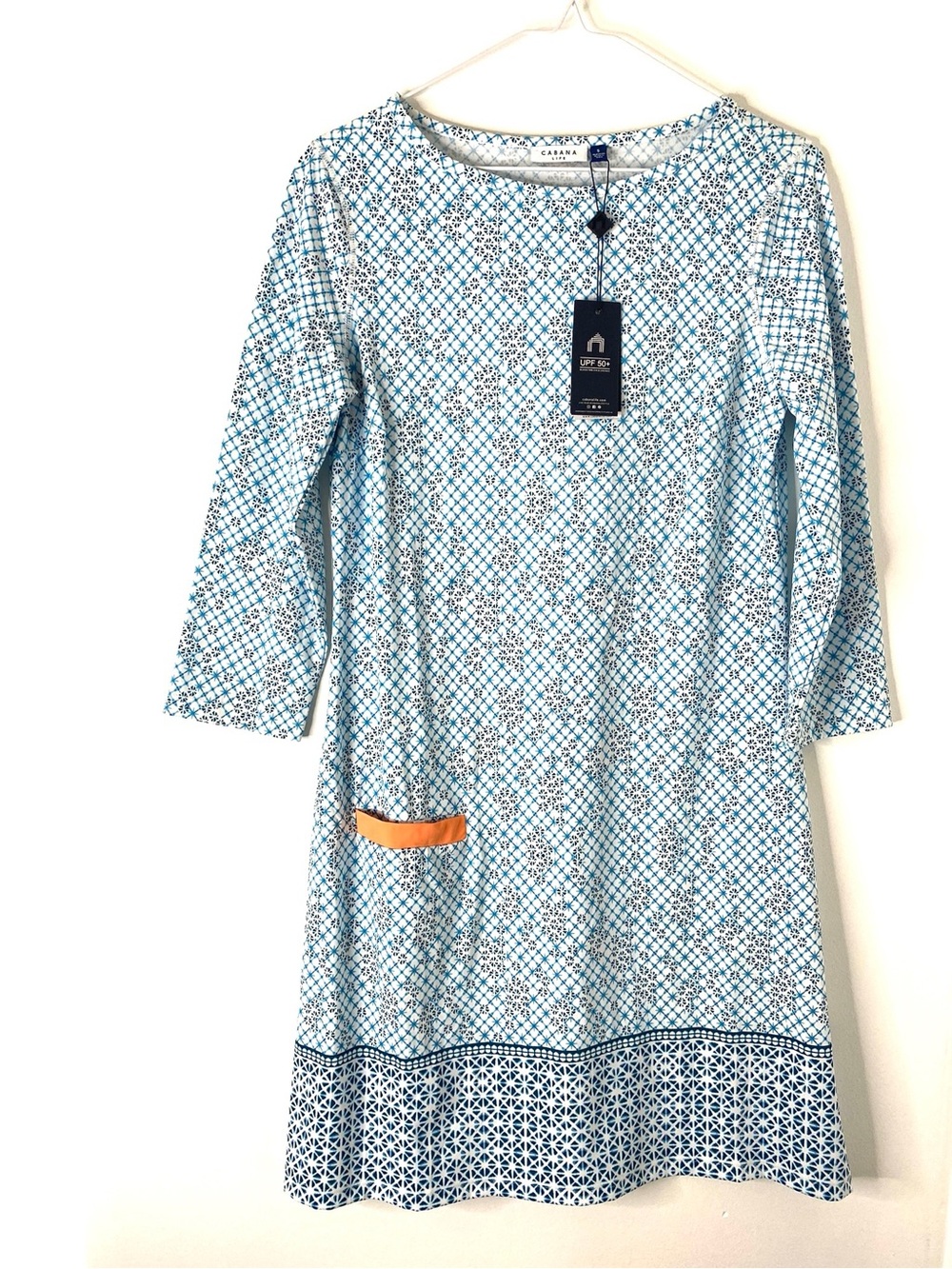 Cabana Life NWT Blue White UPF 50 Shift Dress Long Sleeve Resort Tunic Dress